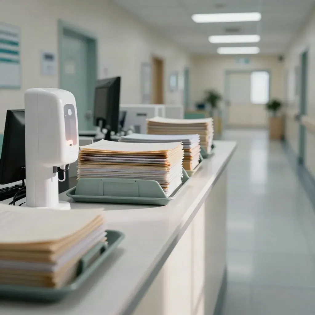 Empty NHS admin counter with file trays, sanitizer pump, and corridor glow in a calm hospital hallway.