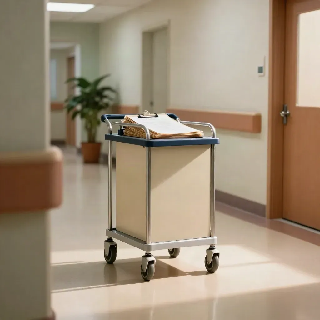 Hospital records trolley with folders rolling through a moody corridor
