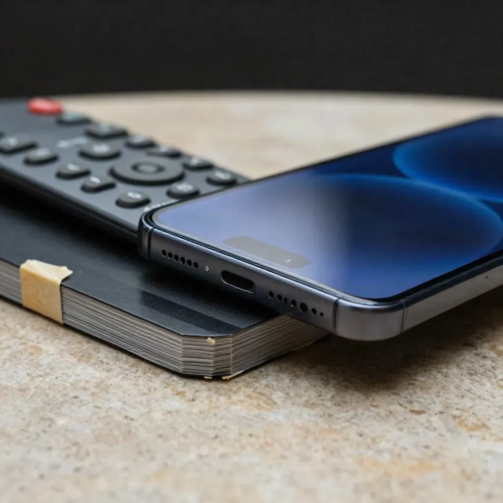 Cobalt-lit phone beside a dark remote and face-down source clips on limestone.