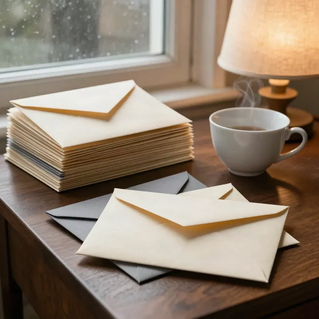 Folded envelopes, teacup and lamp on a walnut side table in warm editorial light.